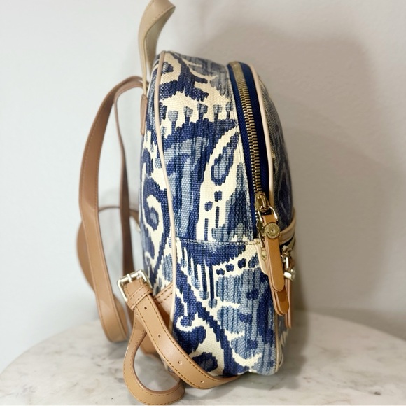 Spartina 449 Chloe Backpack Blue Daufuskie Island Natural Linen Leather Bag - Picture 3 of 10